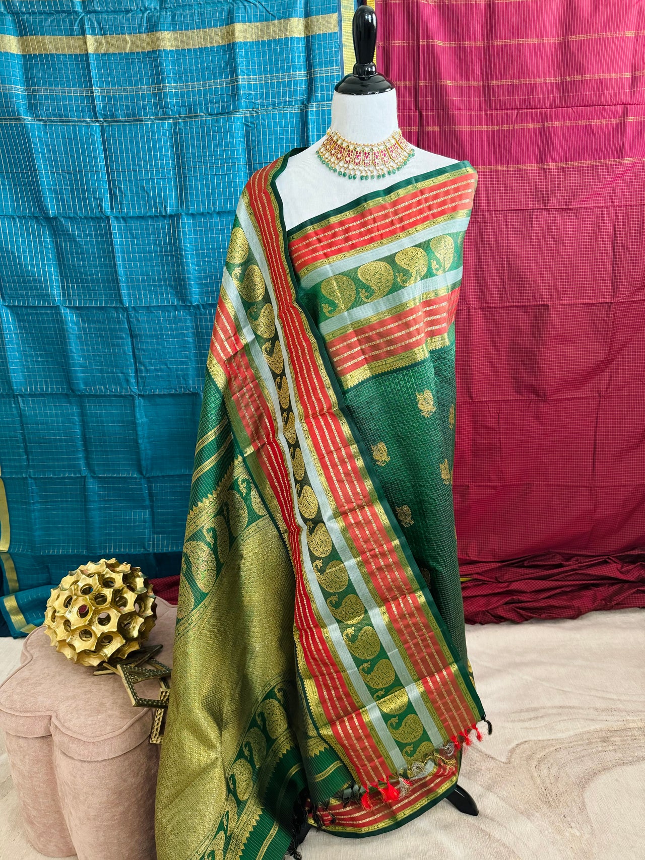 Exclusive Kanchivaram Pure Silk Pure Zari Silk Saree | Deep Green | Check Pattern | Handwoven | Ships from California