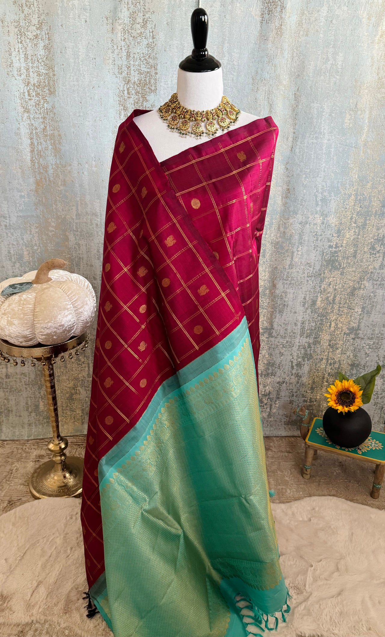 Borderless Kanchivaram Korvai Pure Silk Pure Zari Silk Saree | Maroon & Turquoise | Gold Zari | Handwoven | Ships from California