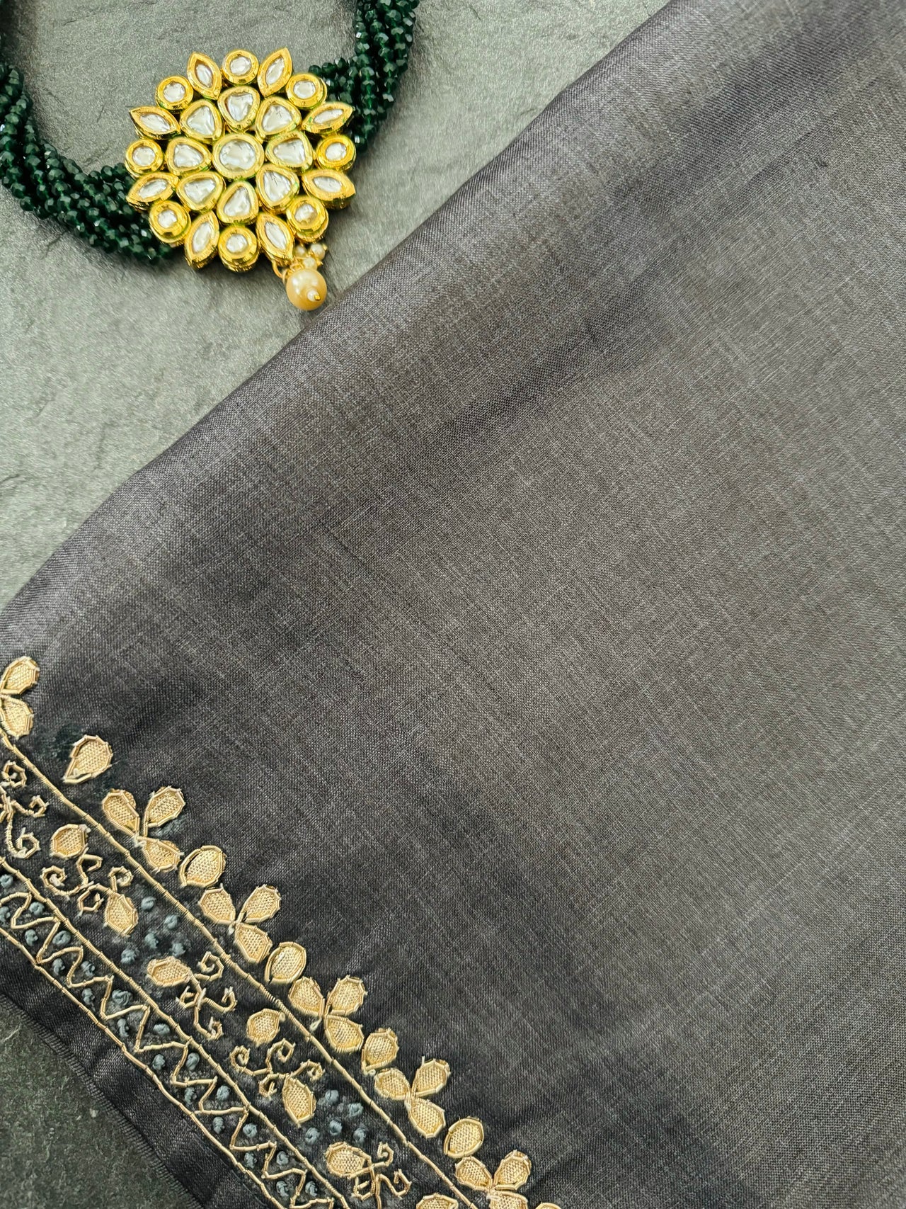 Lightweight Gotta Patti Embroidery Pure Tussar Silk Saree | Dark Gray | Hand Embroidery | Ships from California