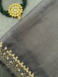 Thumbnail for Lightweight Gotta Patti Embroidery Pure Tussar Silk Saree | Dark Gray | Hand Embroidery | Ships from California