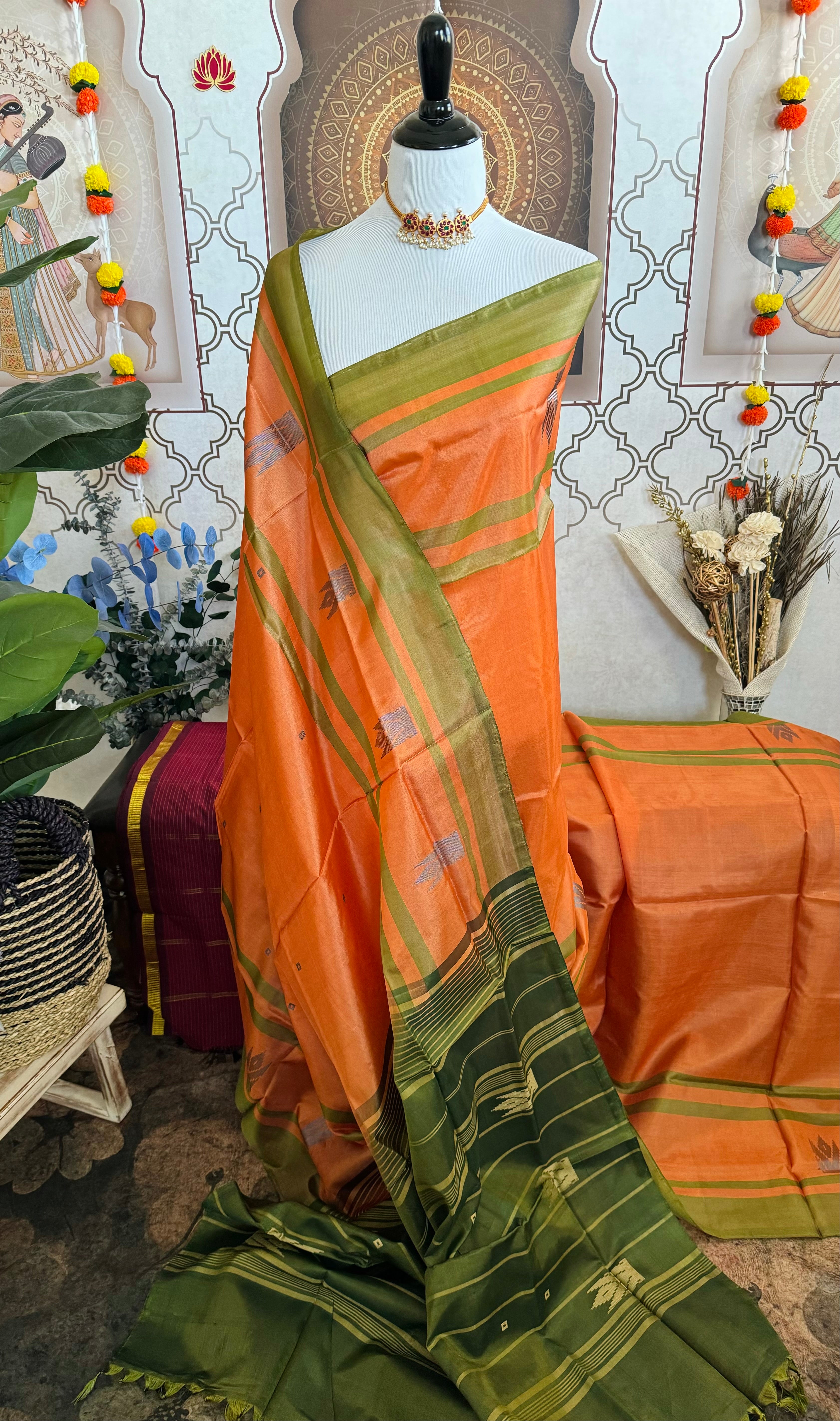 Vegan Silk Saree | No Zari | No Blouse | Handwoven | Orange & Sage Green | Ships from California