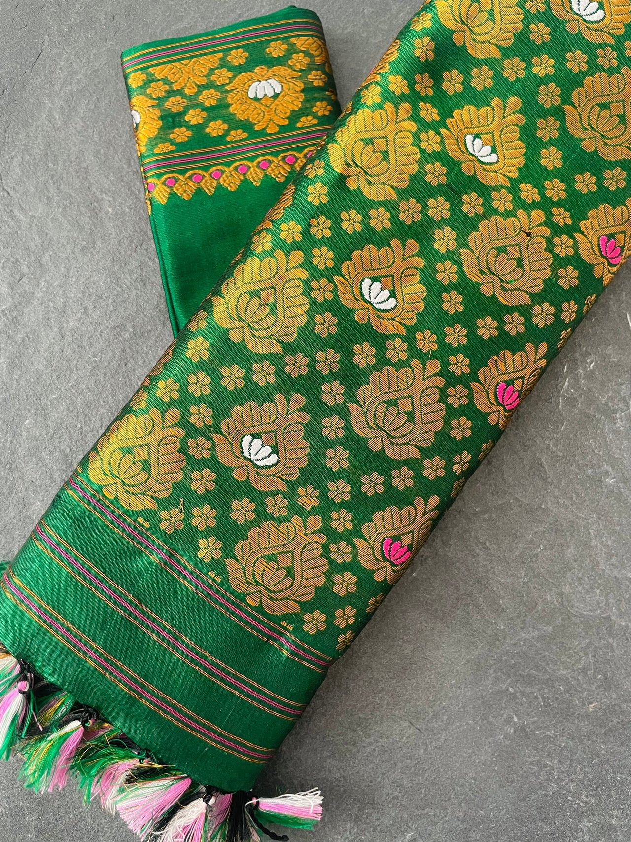 Assam Pat Mulberry Silk Saree | Green | Gold Zari | Handwoven | Silk Mark Certified | Ships from California