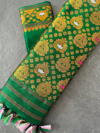 Thumbnail for Assam Pat Mulberry Silk Saree | Green | Gold Zari | Handwoven | Silk Mark Certified | Ships from California