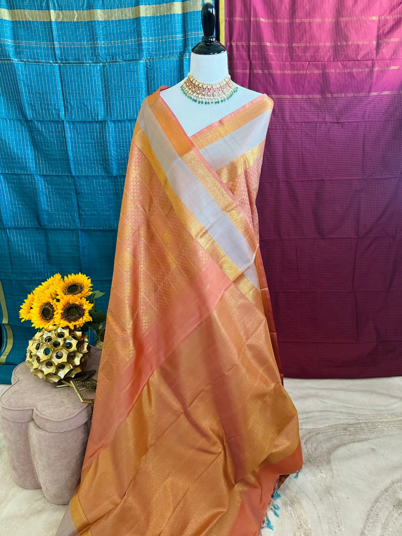 Exclusive Kanchivaram Pure Silk Pure Zari Brocade Saree | 1000 Buttas | Light Rust Orange | Gold Zari | Handwoven | Ships from California