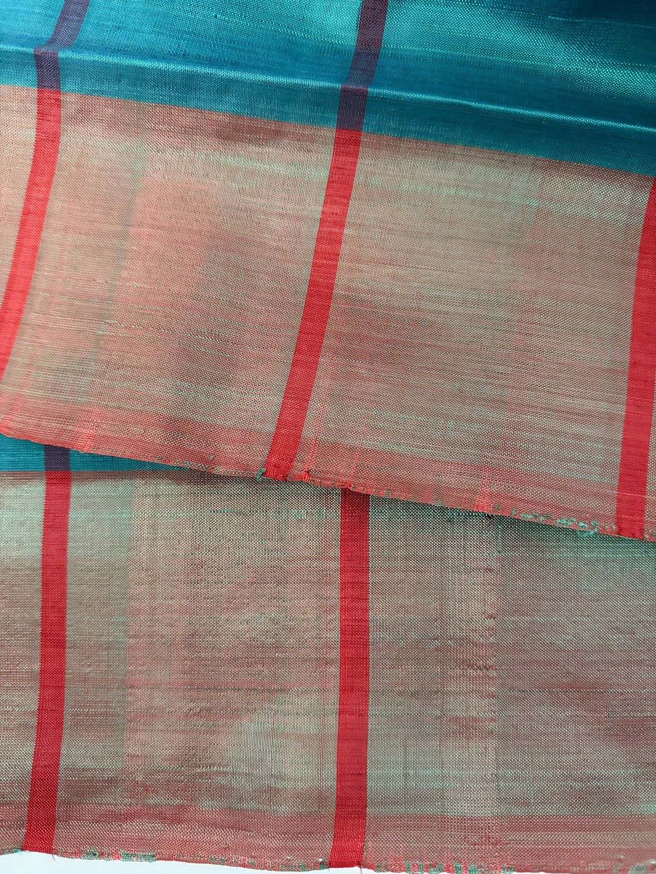 Vegan Silk Saree | No Zari | No Blouse | Handwoven | Sky Blue Green & Red | Ships from California