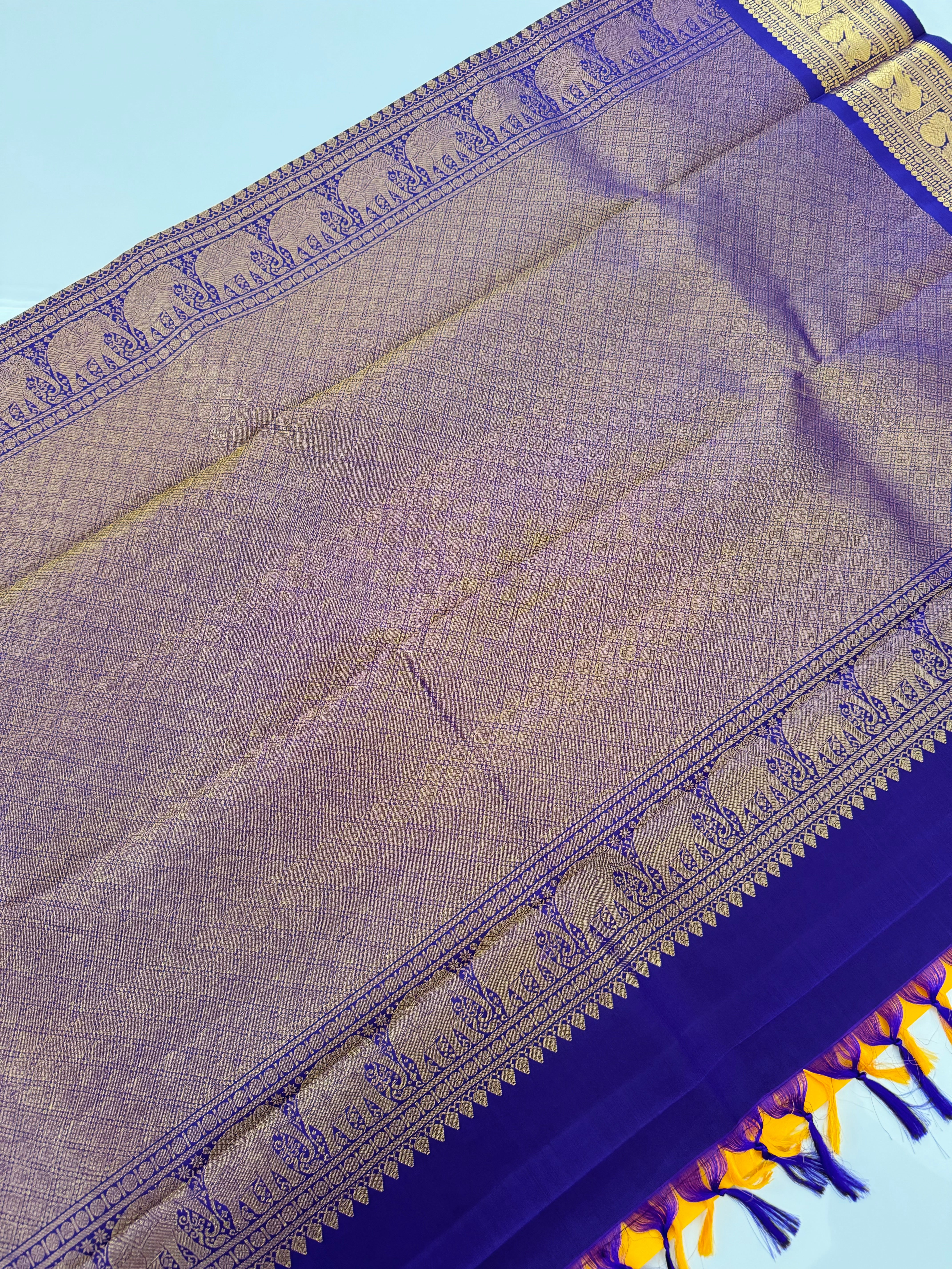 Exclusive Kanchivaram Korvai Pure Silk Pure Zari Silk Saree | Mango Yellow & Purple | Gold Zari | Handwoven | Ships from California