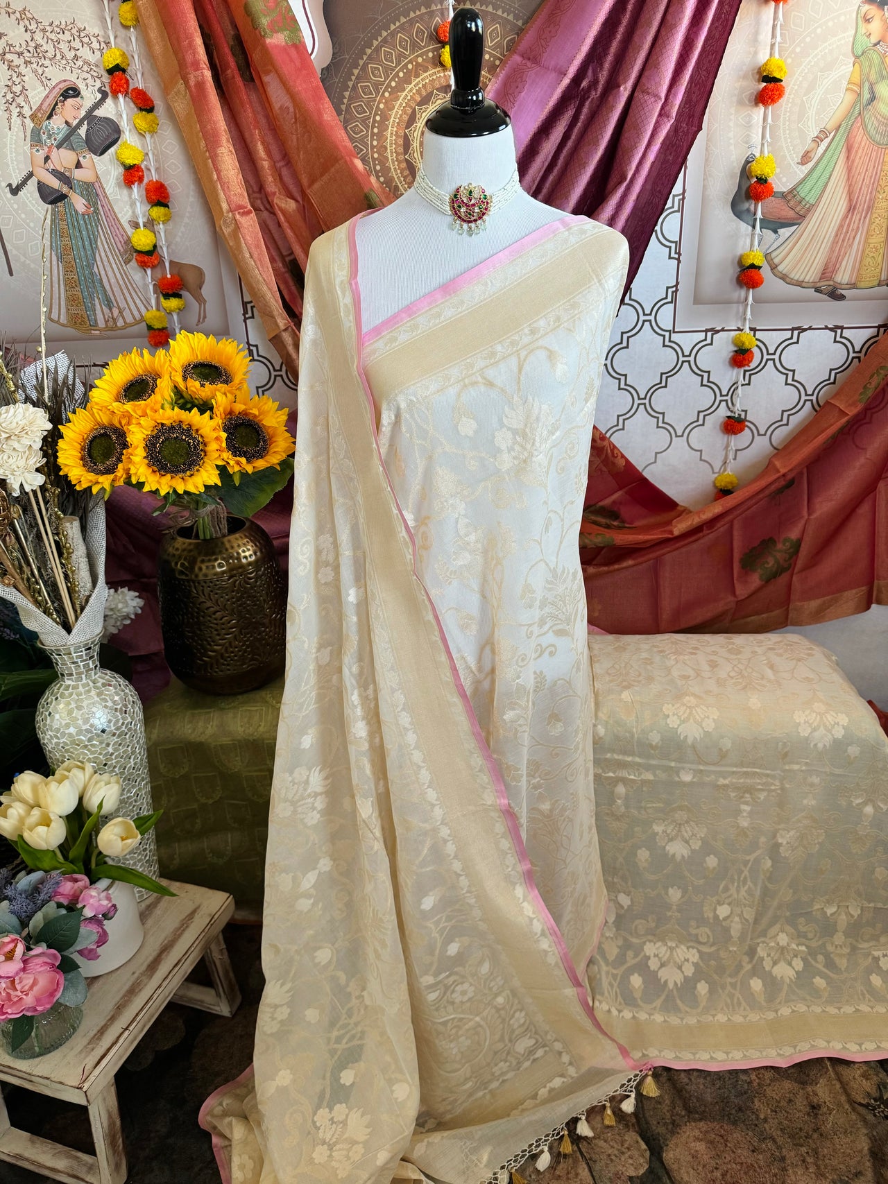 Banarasi Pure Cotton Saree | Off-White | Gold Zari | Handwoven | Ships from California