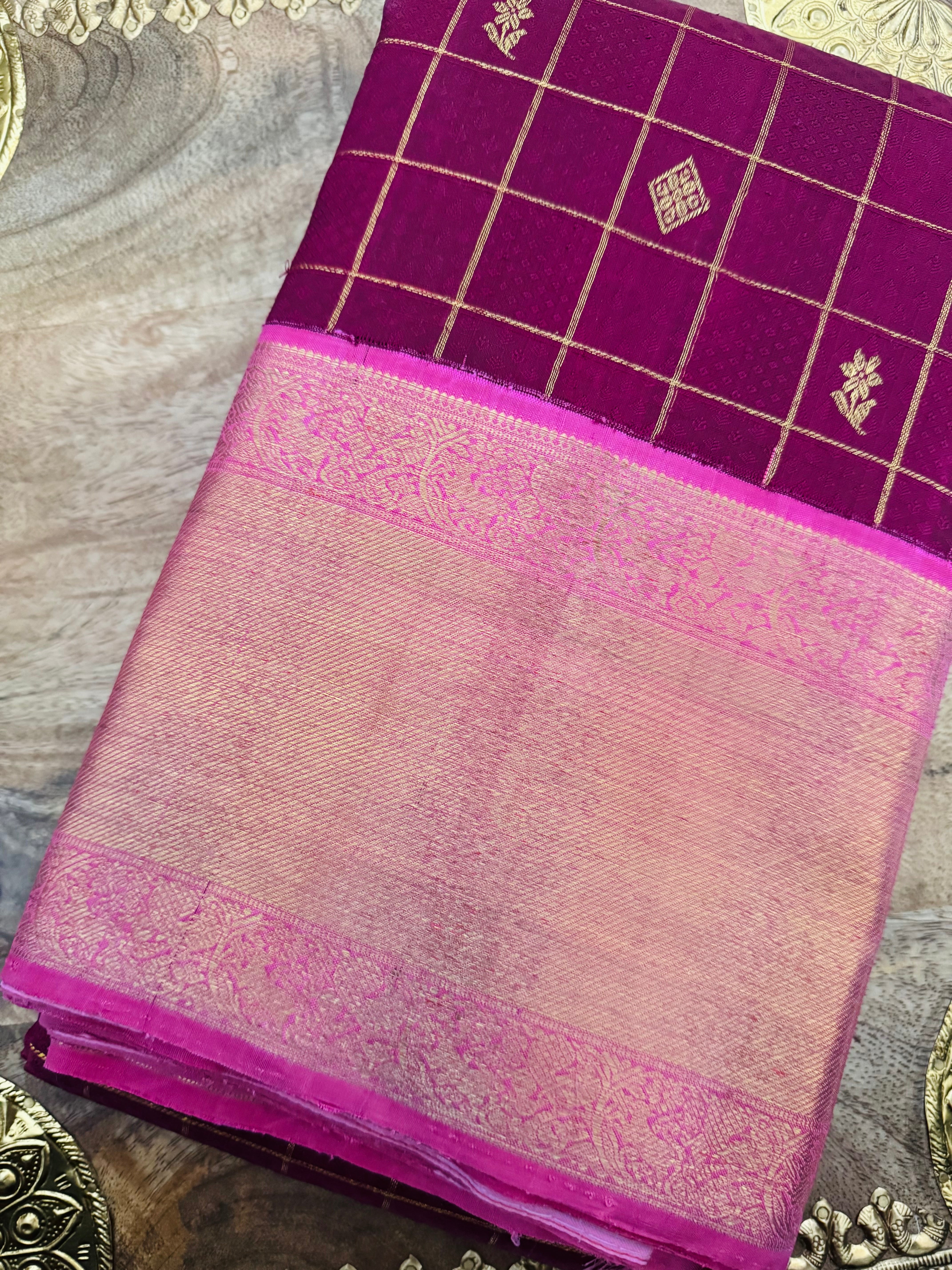 Exclusive Kanchivaram Korvai Pure Silk Pure Zari Silk Saree | Wine & Pink | Gold Zari | Handwoven | Ships from California