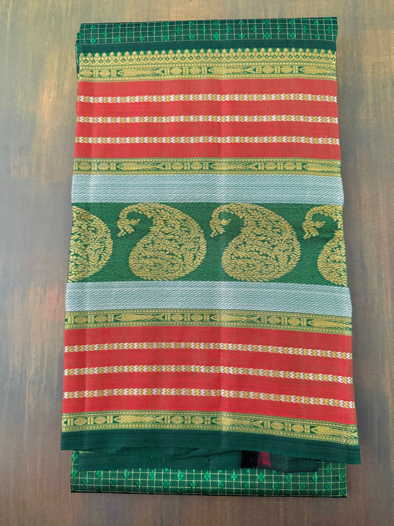 Exclusive Kanchivaram Pure Silk Pure Zari Silk Saree | Deep Green | Check Pattern | Handwoven | Ships from California