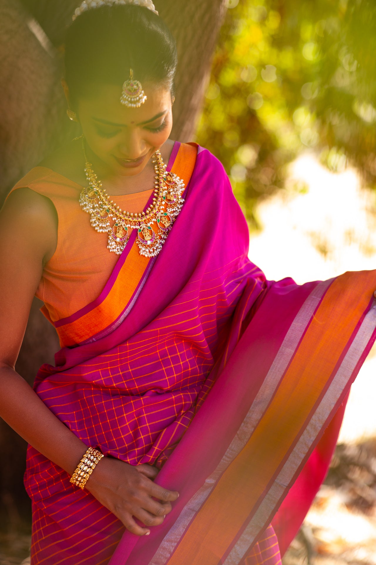 ShopNaya Exclusive | Handwoven | Pure Cotton Saree | Jamdani Weave | No Blouse | Pink | Gold Zari | Ships from California