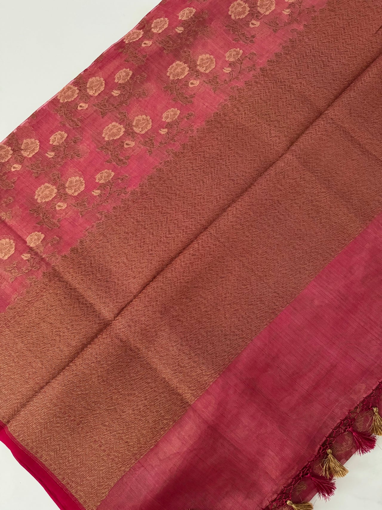 Tissue Silk and Tussar Silk Saree | Antique Zari | Onion Pink | Handwoven | Ships from California