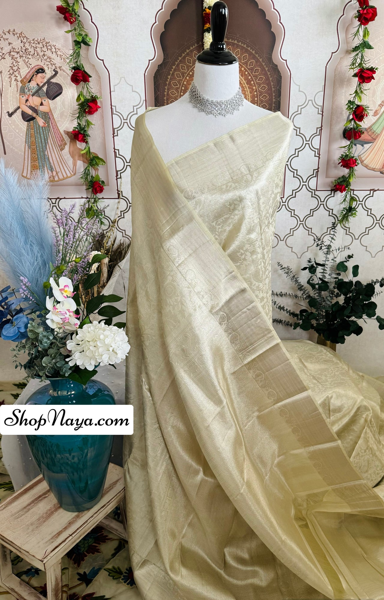 ShopNaya Exclusive | Metallic Kanchipuram Pure Silk Saree | Off-White | Pure Silver Zari | Handwoven | Ships from California