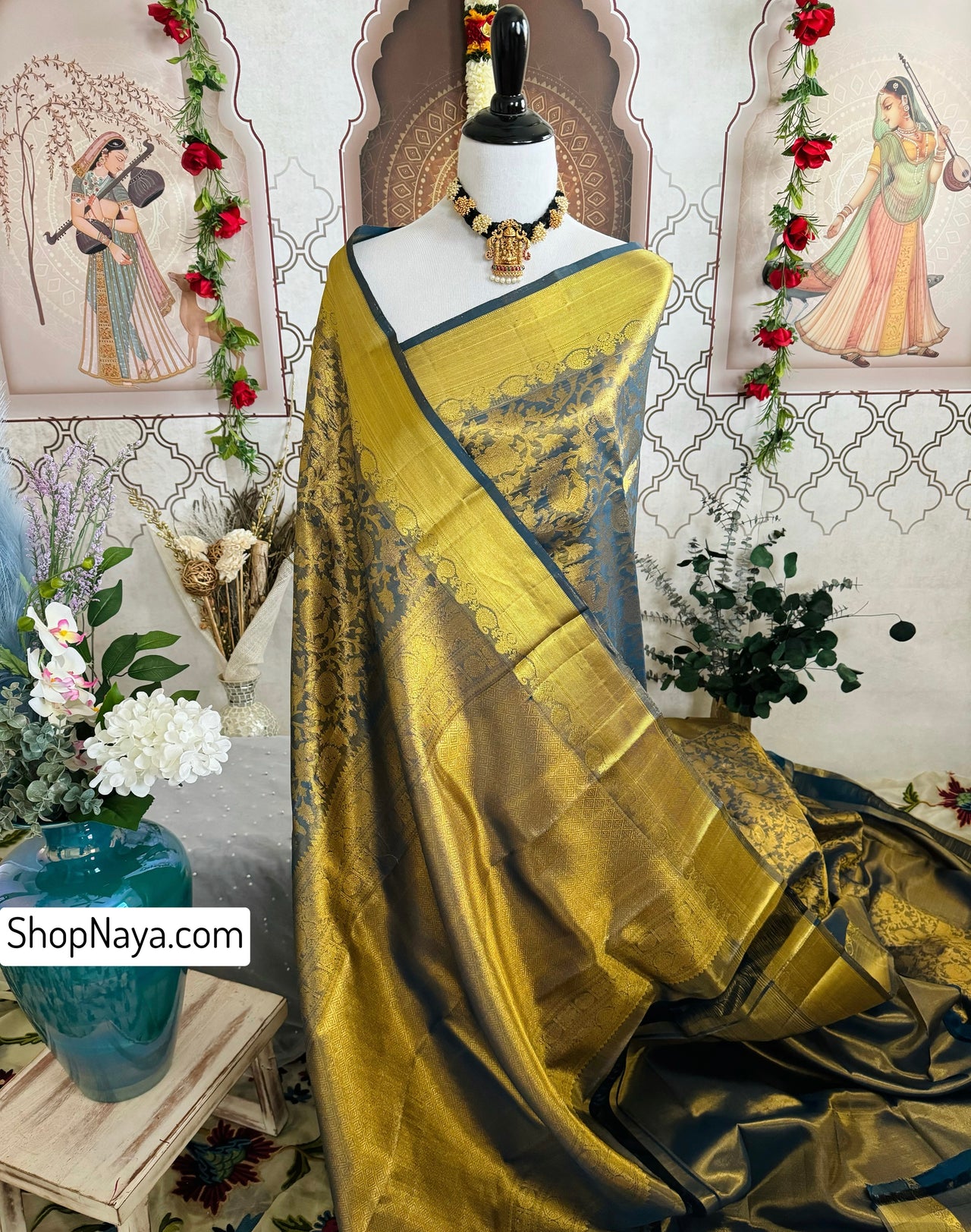 ShopNaya Exclusive | Brocade Kanchipuram Pure Silk Saree | Metallic Peacock Blue | Pure Gold Zari | Handwoven | Ships from California