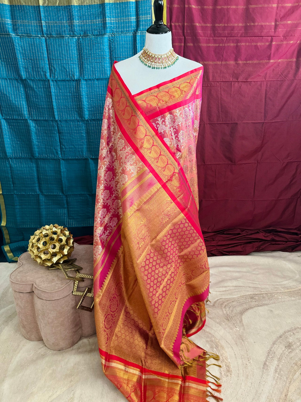 Exclusive Kanchivaram Tissue Silk Pure Zari Silk Saree | Metallic Pink & Gold | Brocade Pattern | Handwoven | Ships from California