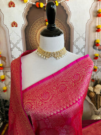 Thumbnail for Banarasi Katan Pure Silk Saree | Magenta Pink | Gold & Silver Zari | Handwoven | Ships from California