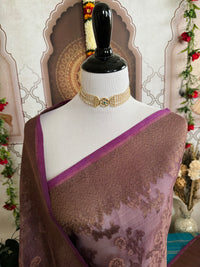 Thumbnail for Tissue Silk and Tussar Silk Saree | Antique Zari | Dull Purple | Handwoven | Ships from California