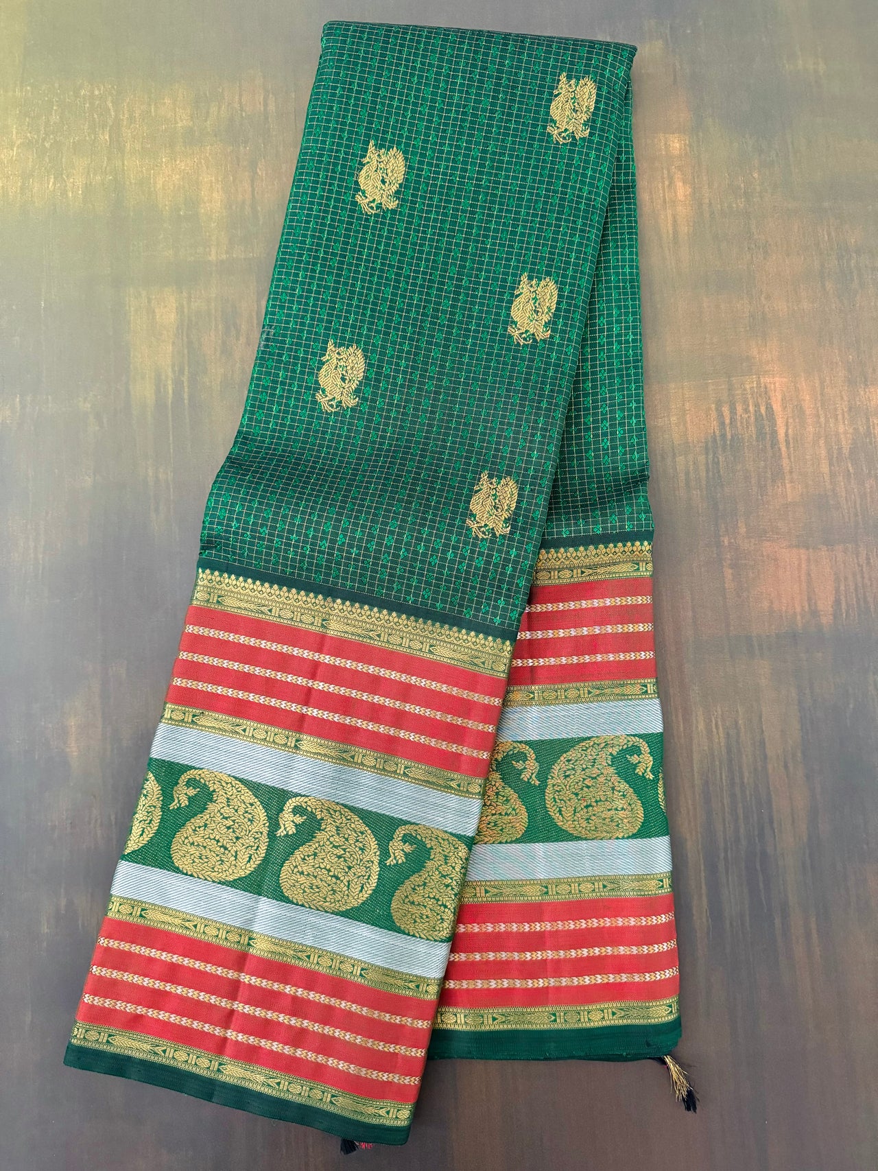 Exclusive Kanchivaram Pure Silk Pure Zari Silk Saree | Deep Green | Check Pattern | Handwoven | Ships from California