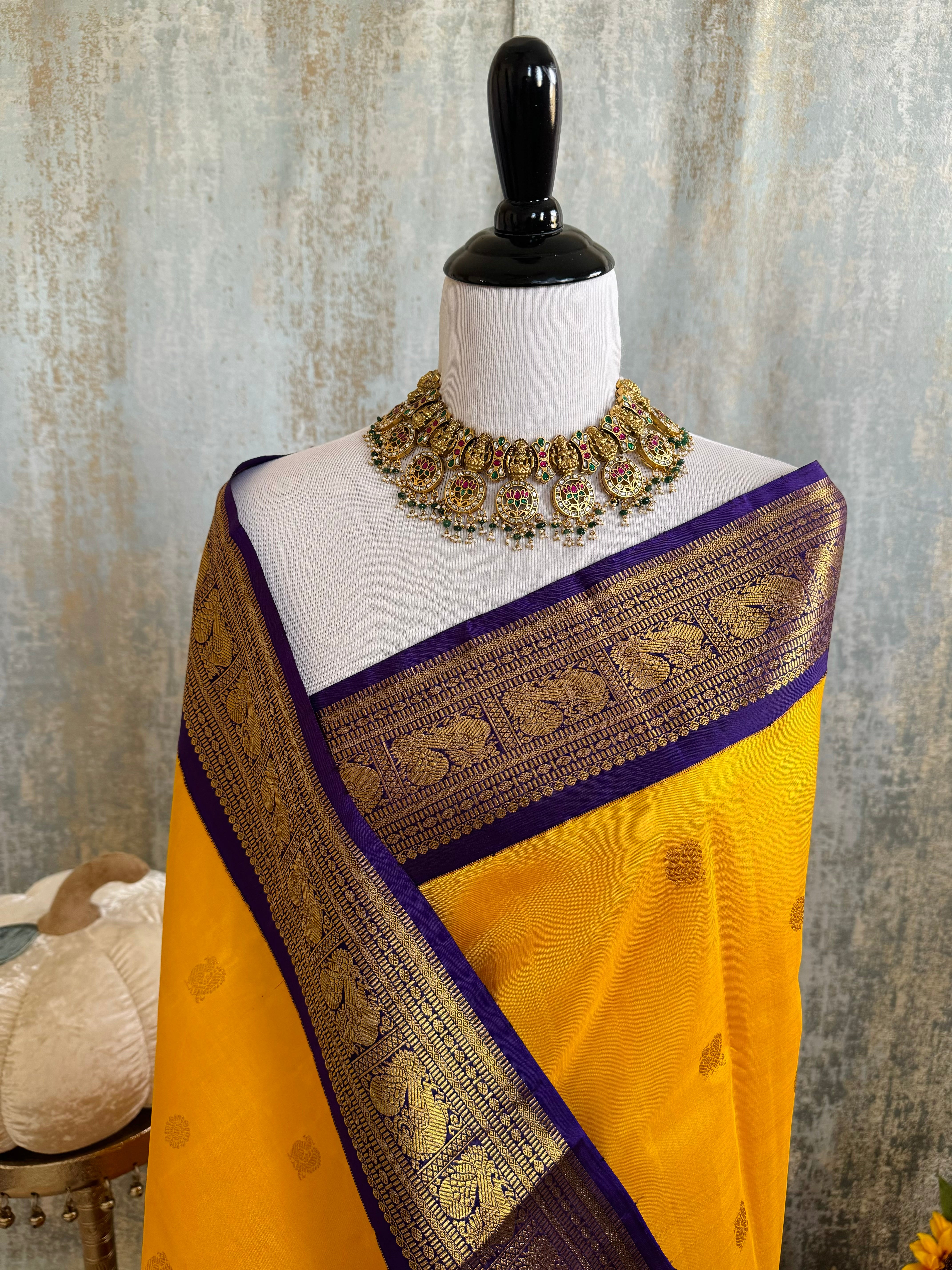 Exclusive Kanchivaram Korvai Pure Silk Pure Zari Silk Saree | Mango Yellow & Purple | Gold Zari | Handwoven | Ships from California