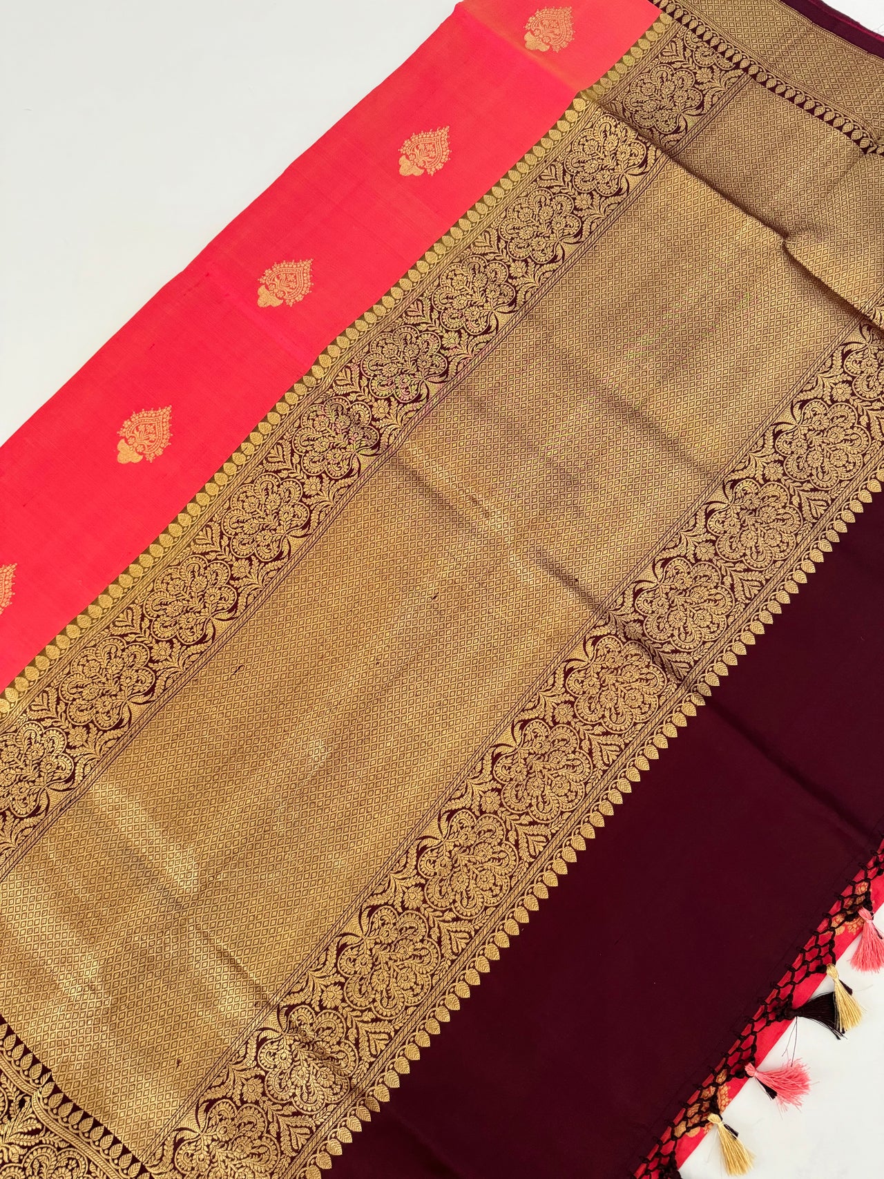 Banarasi Katan Silk Saree | Orange Pink Shot Color & Brown | Gold Zari | Handwoven | Silk Mark Certified | Ships from California