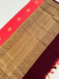 Thumbnail for Banarasi Katan Silk Saree | Orange Pink Shot Color & Brown | Gold Zari | Handwoven | Silk Mark Certified | Ships from California