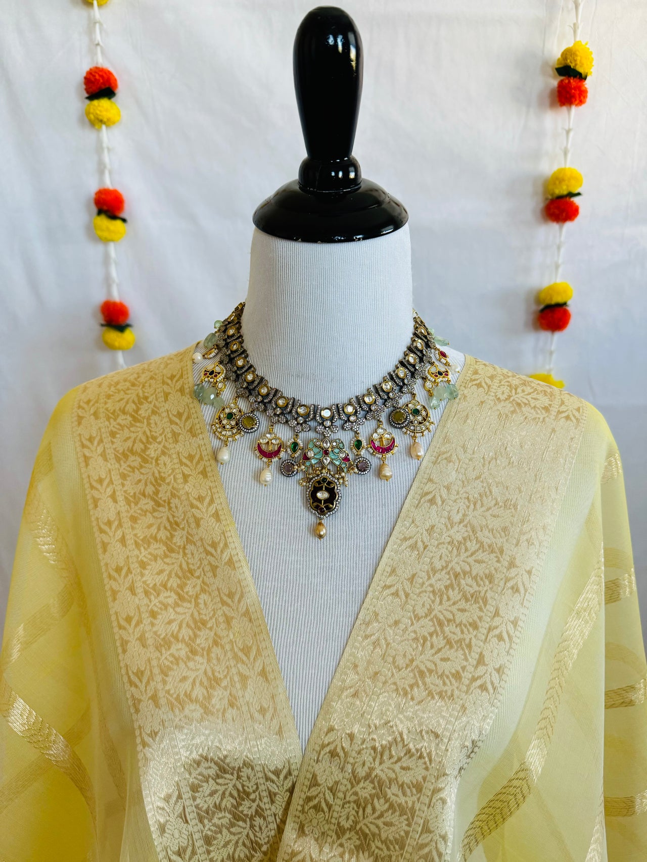 Victorian Polki Kundan Fusion Necklace Set | Semi-Precious Stones | Metal Work | Gold Plated | Free Shipping | Ships from California