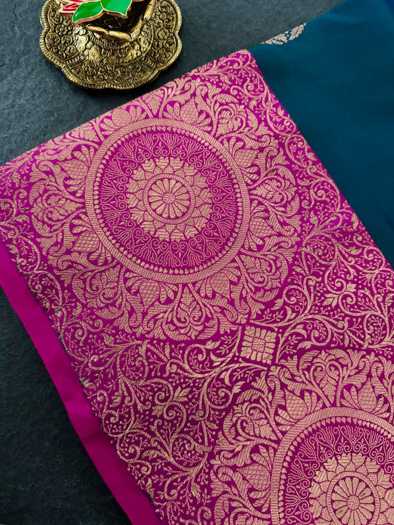 Banarasi Katan Pure Silk Saree | Peacock Blue Green & Pink| Gold Zari | Handwoven | Ships from California