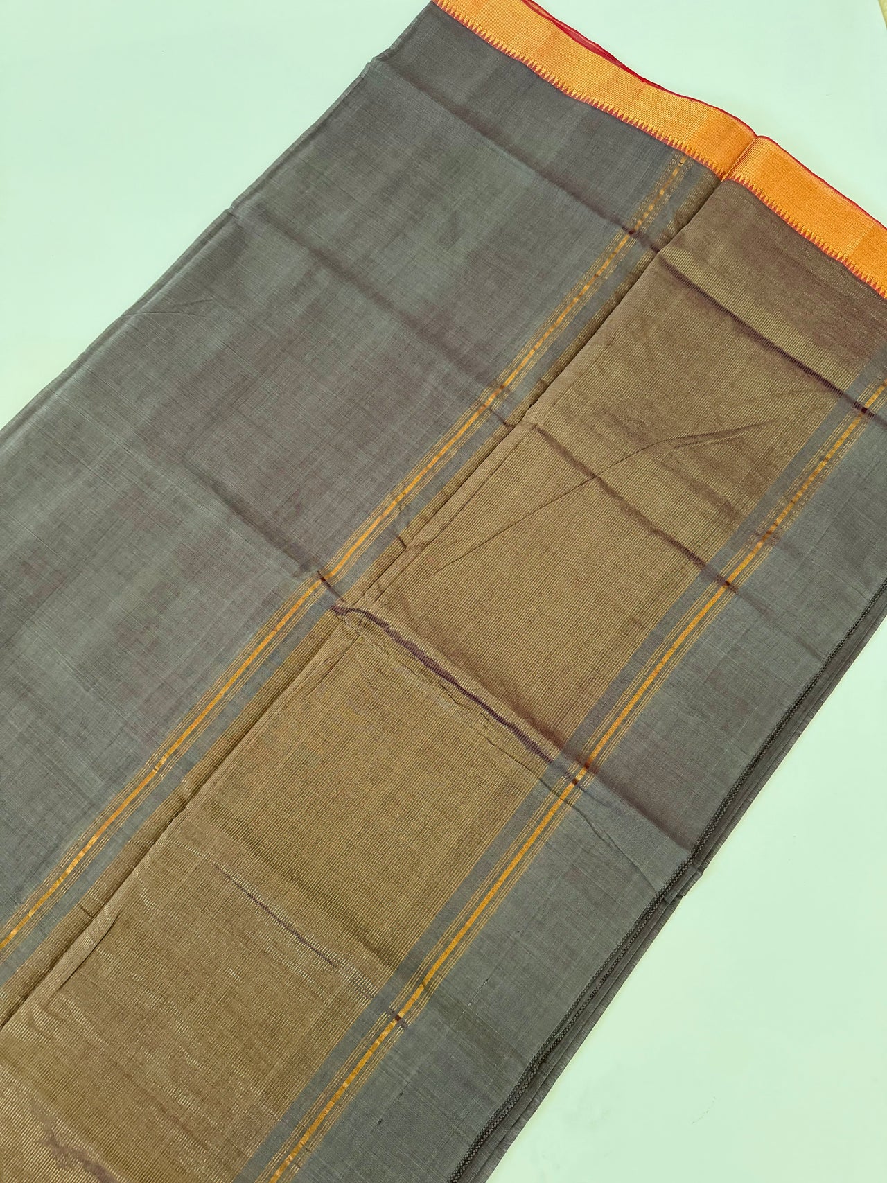 Handwoven Mangalgiri Cotton Saree | Gray & Purple Mix | Gold Zari | Handwoven | Ships from California