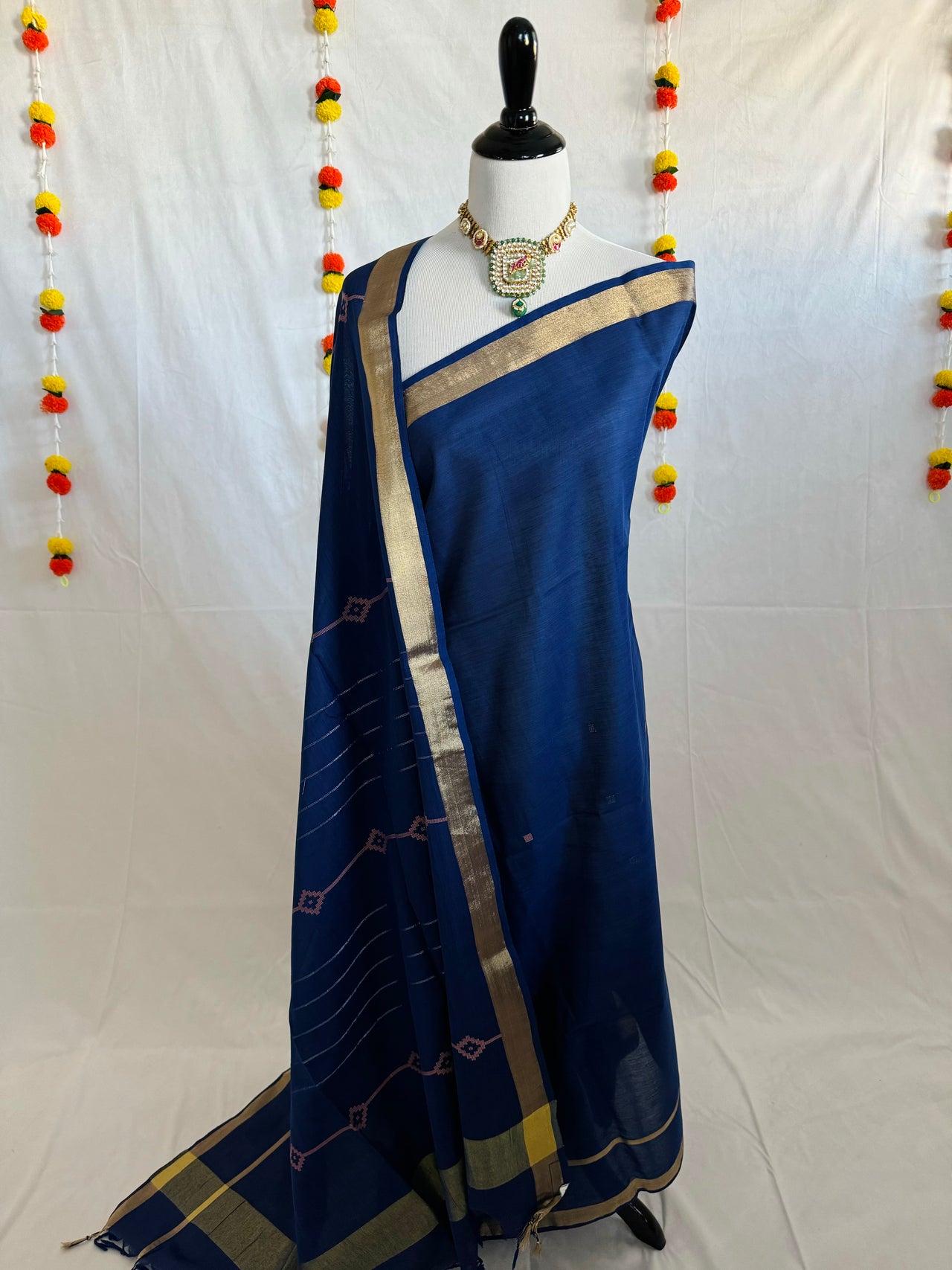 ShopNaya Exclusive | Handwoven | Pure Cotton Saree | Jamdani Weave | No Blouse | Royal Blue | Gold Zari | Ships from California