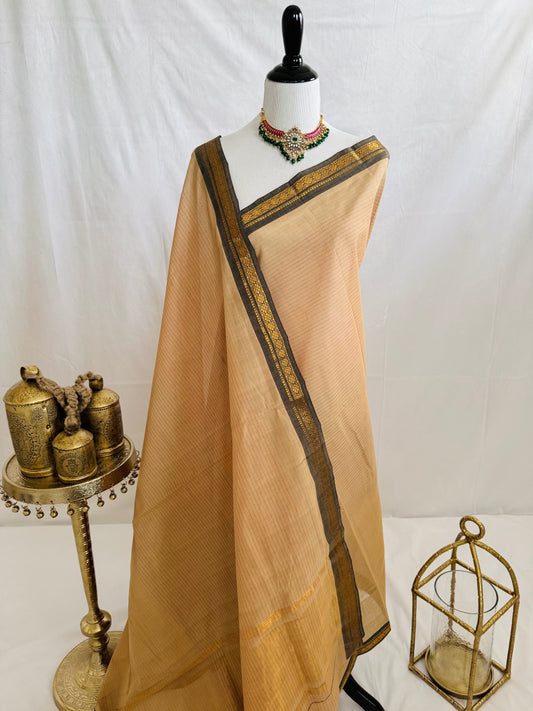 Handwoven Mangalgiri Cotton Saree | Beige | Horizontal Lines | Gold Zari | Handwoven | Ships from California