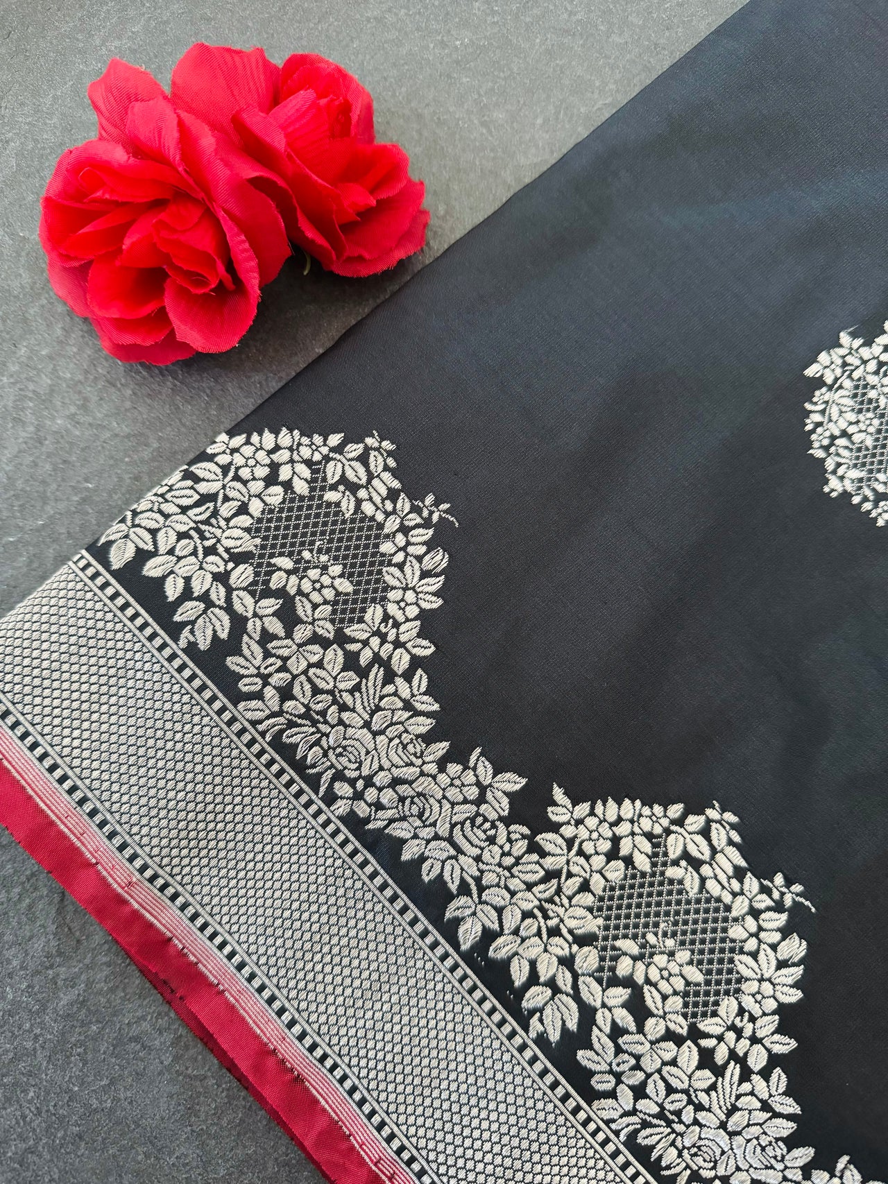 Banarasi Katan Pure Silk Saree | Black | Silver Zari | Handwoven | Silk Mark Certified | Ships from California