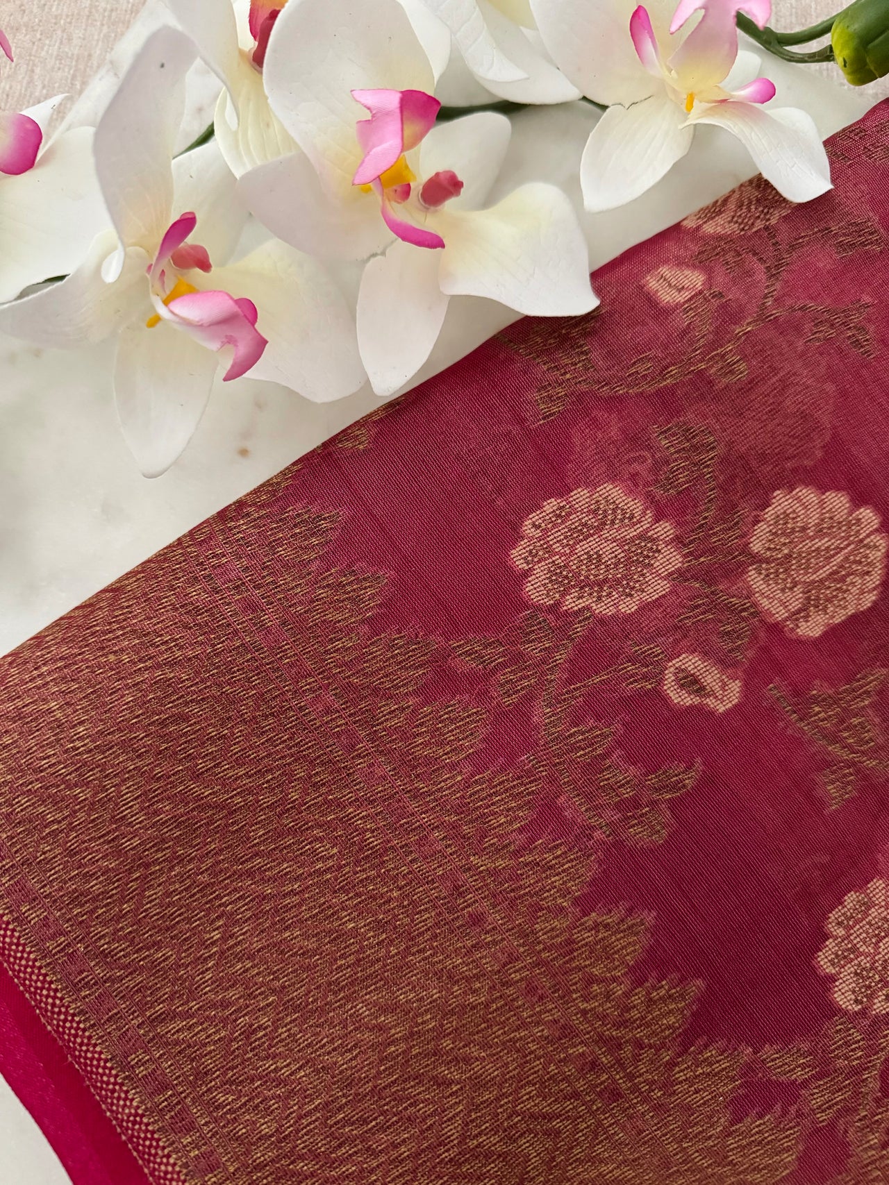 Tissue Silk and Tussar Silk Saree | Antique Zari | Onion Pink | Handwoven | Ships from California