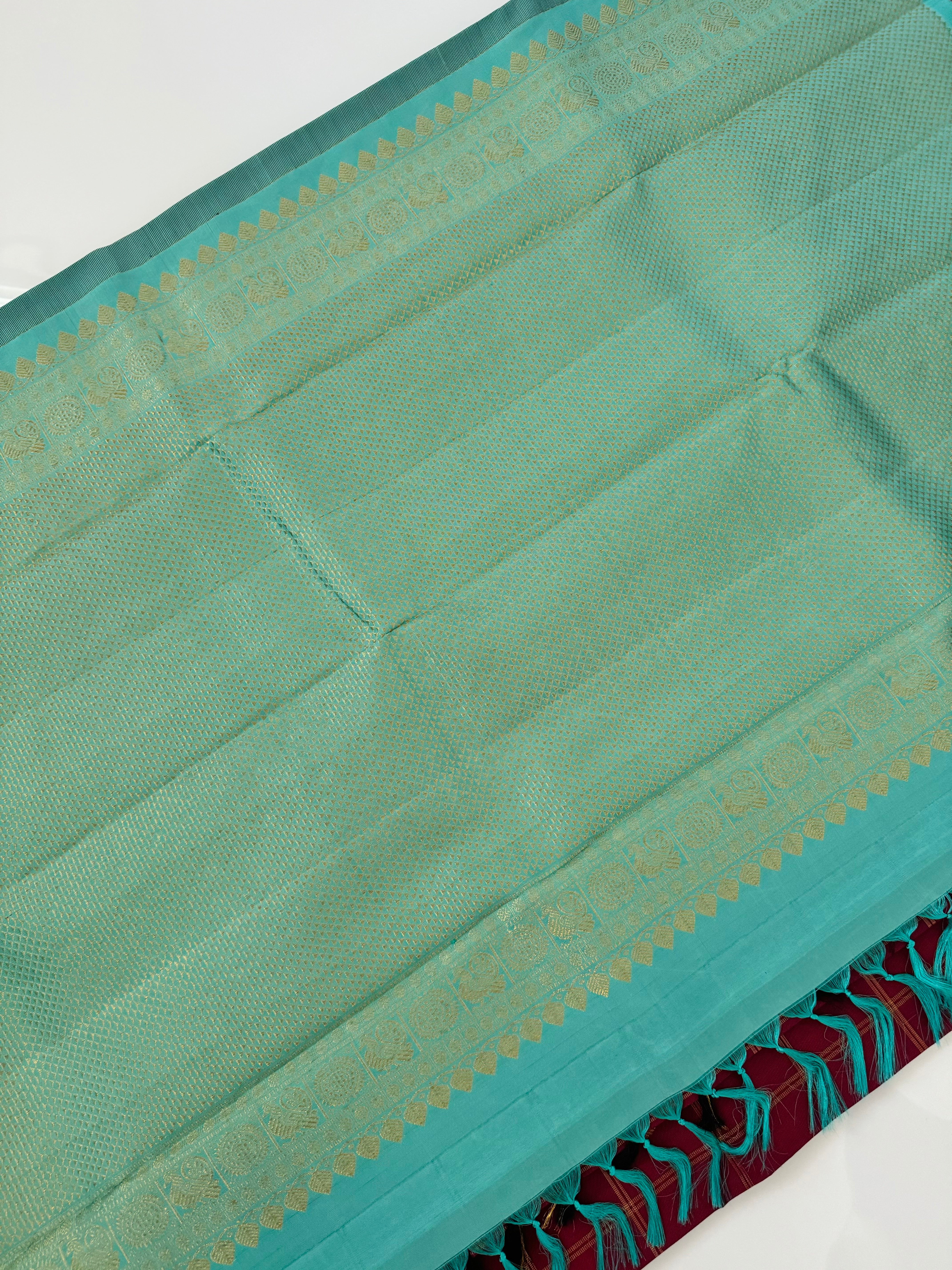 Borderless Kanchivaram Korvai Pure Silk Pure Zari Silk Saree | Maroon & Turquoise | Gold Zari | Handwoven | Ships from California