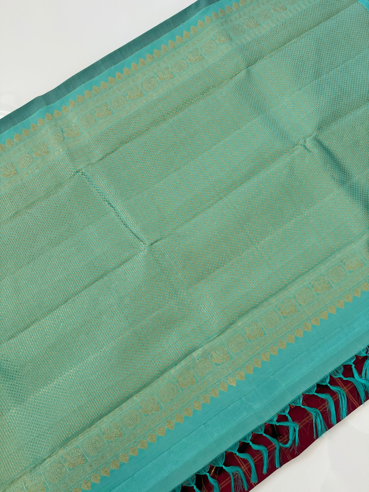 Borderless Kanchivaram Korvai Pure Silk Pure Zari Silk Saree | Maroon & Turquoise | Gold Zari | Handwoven | Ships from California