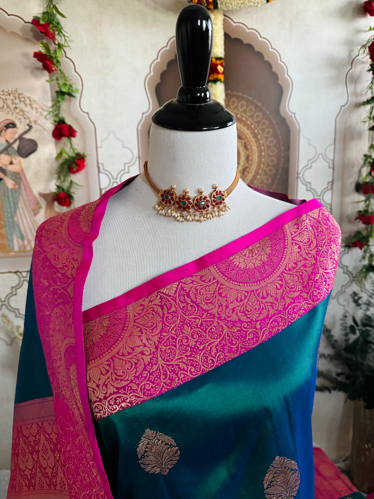 Banarasi Katan Pure Silk Saree | Peacock Blue Green & Pink| Gold Zari | Handwoven | Ships from California