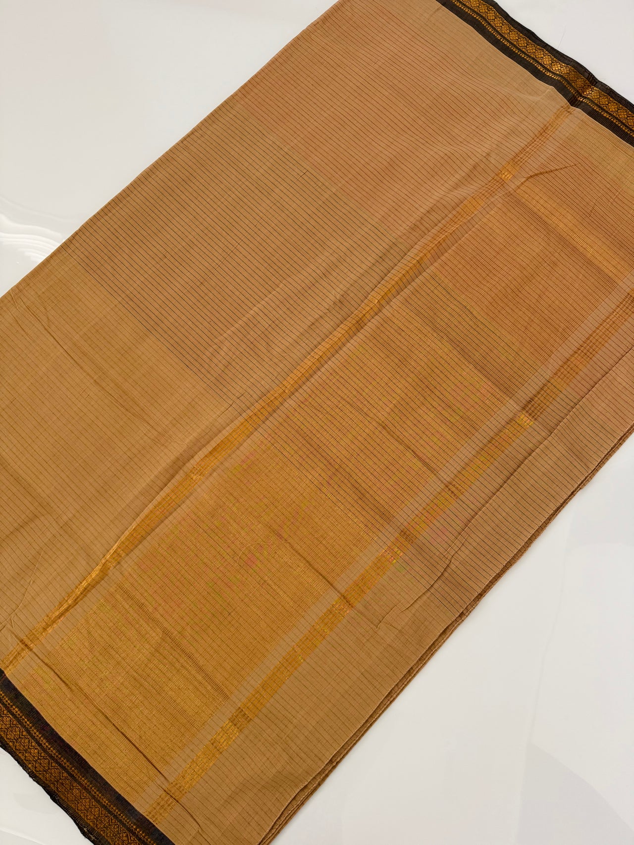 Handwoven Mangalgiri Cotton Saree | Beige | Horizontal Lines | Gold Zari | Handwoven | Ships from California