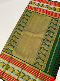 Thumbnail for Exclusive Kanchivaram Pure Silk Pure Zari Silk Saree | Deep Green | Check Pattern | Handwoven | Ships from California