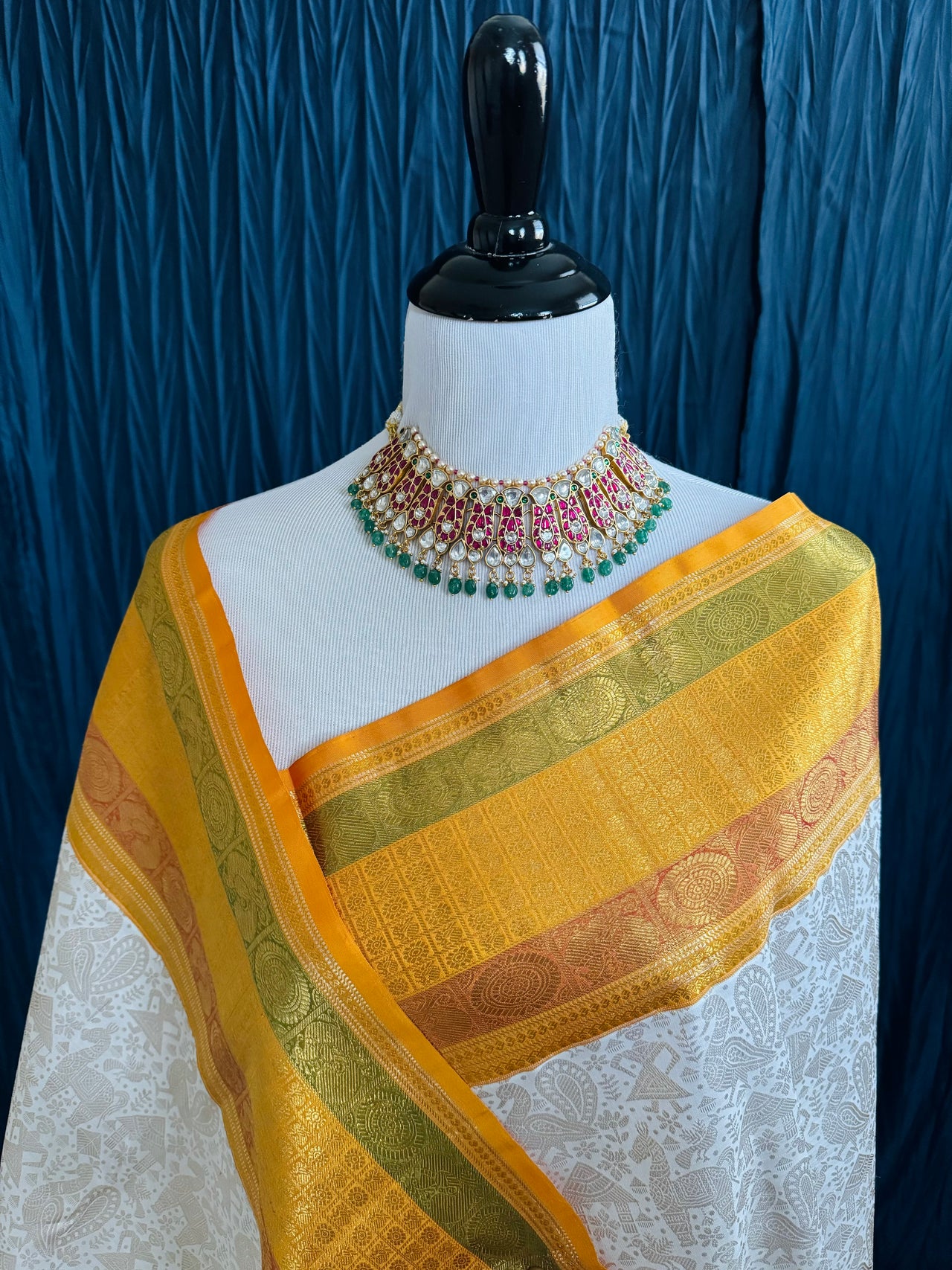 Exclusive Tribal Art Kanchivaram Korvai Pure Silk Pure Zari Silk Saree | Warli Inspired | Off-White | Handwoven | Ships from California