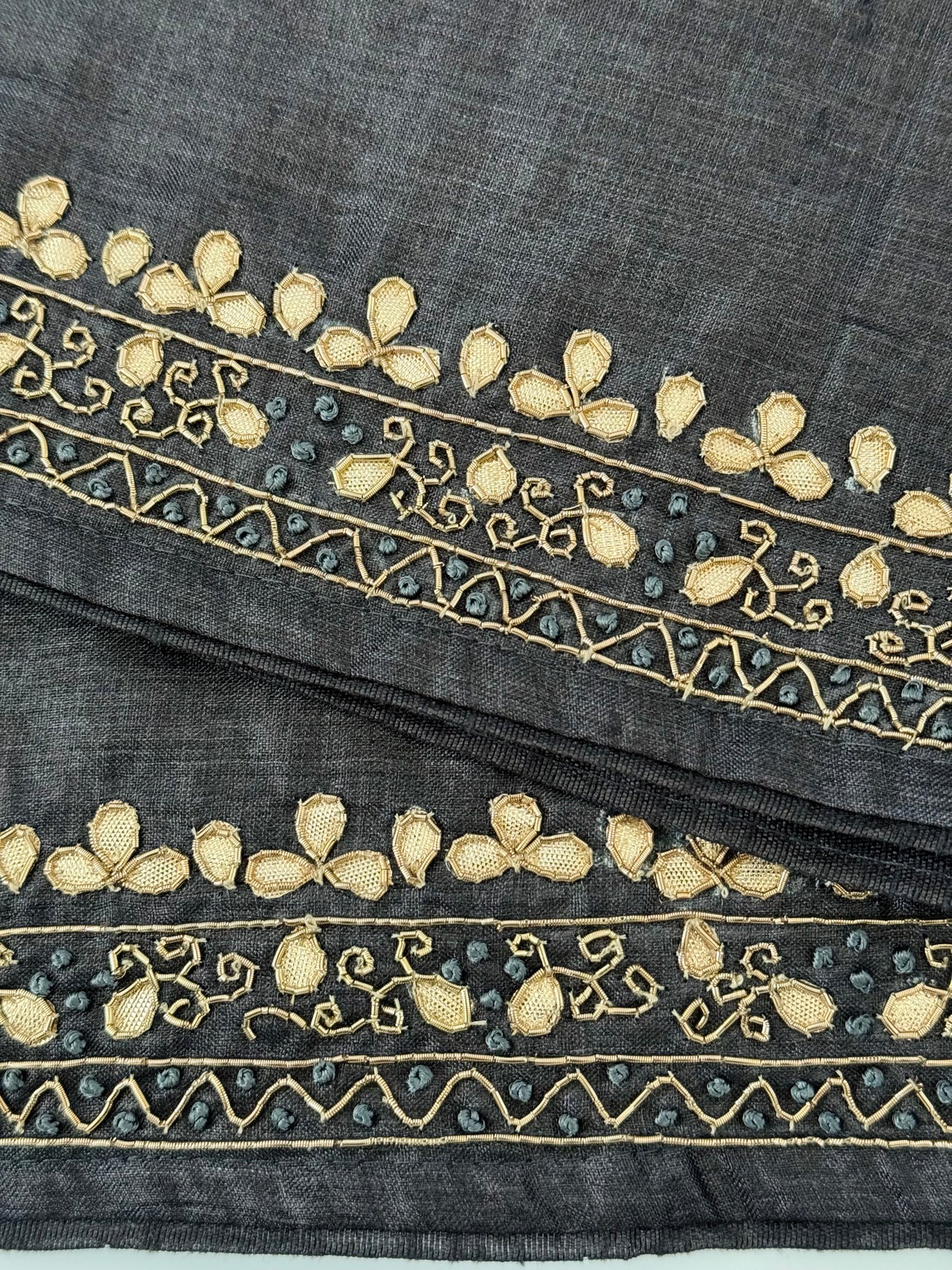 Lightweight Gotta Patti Embroidery Pure Tussar Silk Saree | Dark Gray | Hand Embroidery | Ships from California