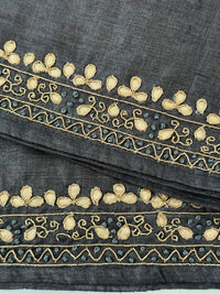 Thumbnail for Lightweight Gotta Patti Embroidery Pure Tussar Silk Saree | Dark Gray | Hand Embroidery | Ships from California