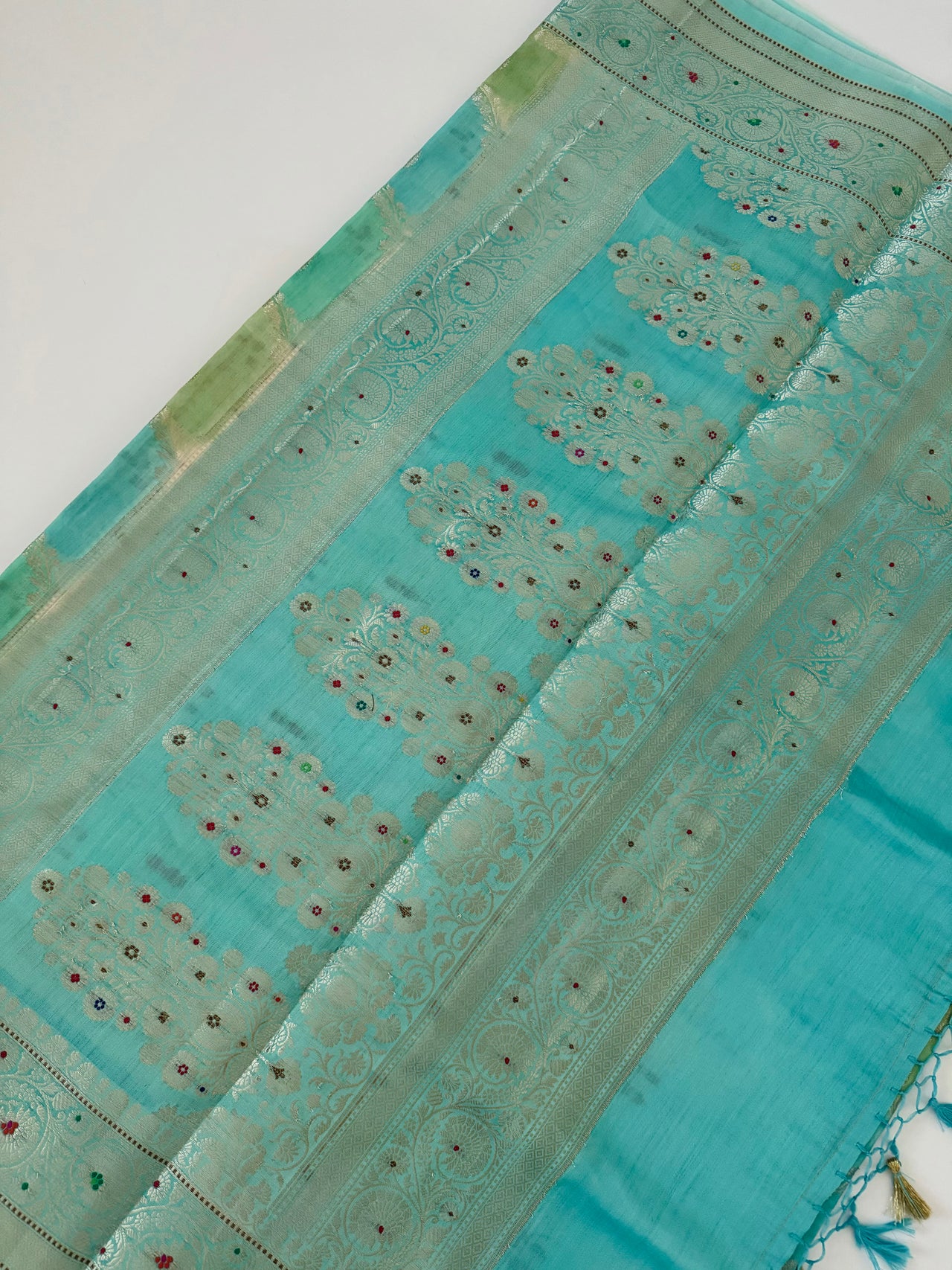 Rangkat Cotton Silk Meenakari Saree from Banaras | Hand Painted | Handwoven | Sky Blue & Green | Gold Zari | Ships from California