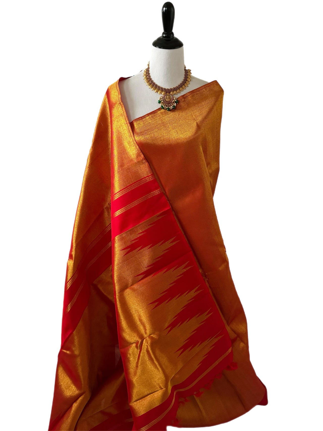 Borderless Metallic Red Kanchipuram/Kanchivaram Pure Silk Saree | Gold Zari | Handwoven | Ships from California