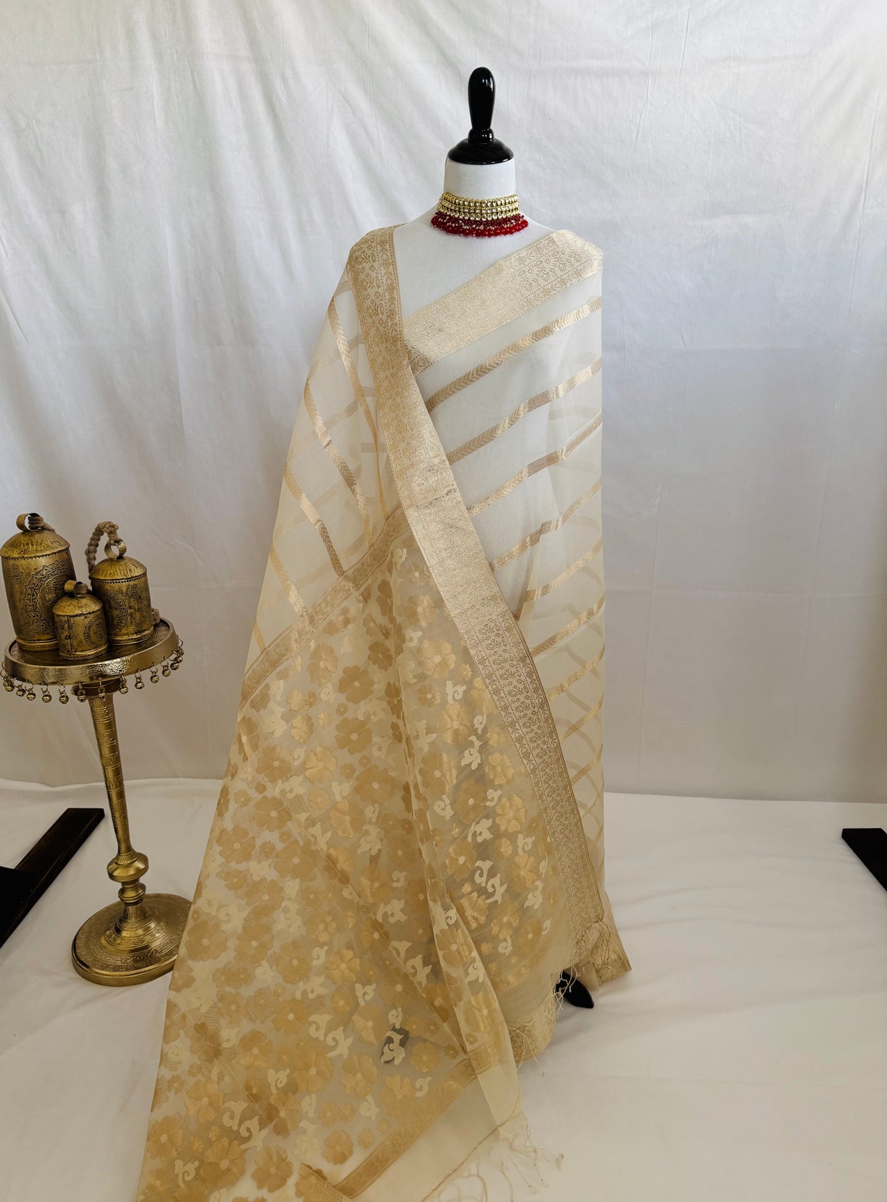 ShopNaya Exclusive | Handwoven | Silk Organza | Beige & Gold | Gold Zari | Ships from California