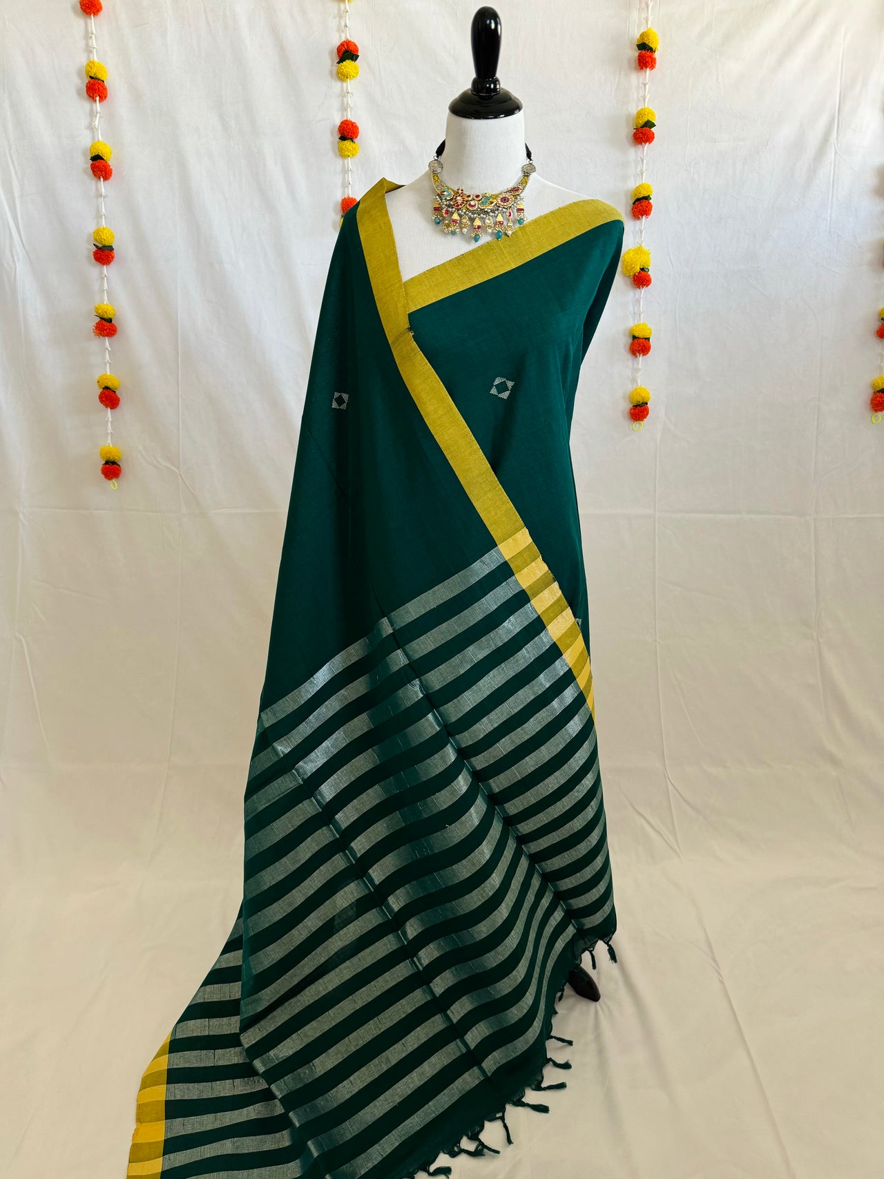 ShopNaya Exclusive | Handwoven | Pure Cotton Saree | Jamdani Weave | No Blouse | Forest Green | Silver Zari | Ships from California