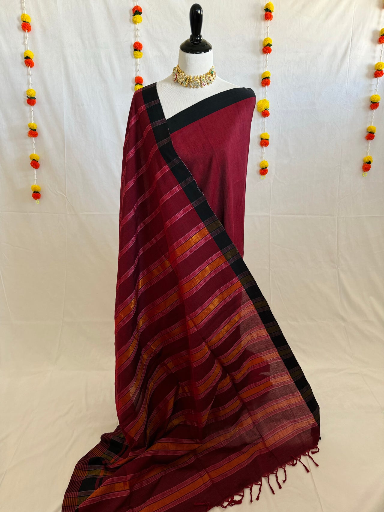 ShopNaya Exclusive | Handwoven | Cotton Saree | No Blouse | Wine Red & Black | Gold Zari | Ships from California