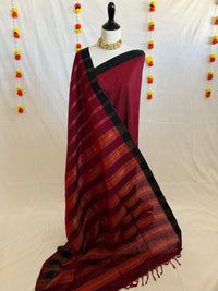 Thumbnail for ShopNaya Exclusive | Handwoven | Cotton Saree | No Blouse | Wine Red & Black | Gold Zari | Ships from California