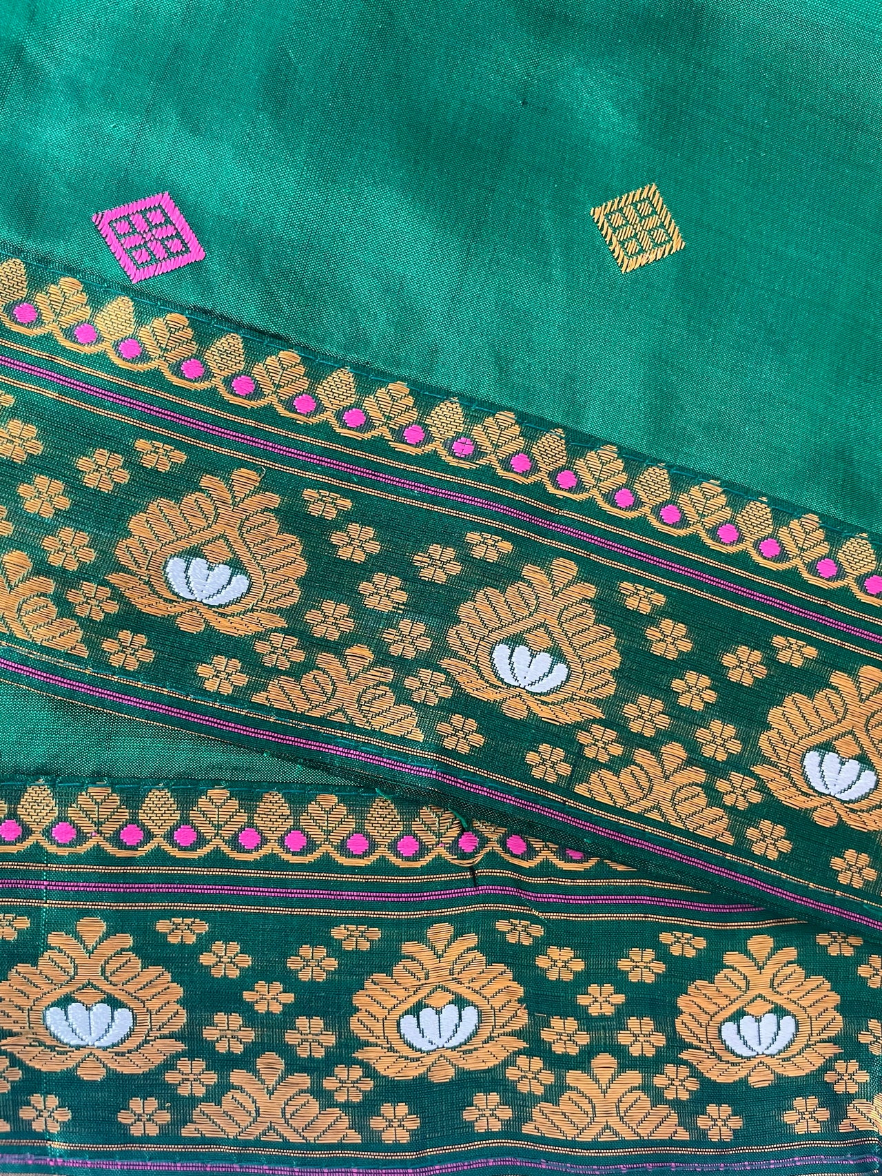 Assam Pat Mulberry Silk Saree | Green | Gold Zari | Handwoven | Silk Mark Certified | Ships from California