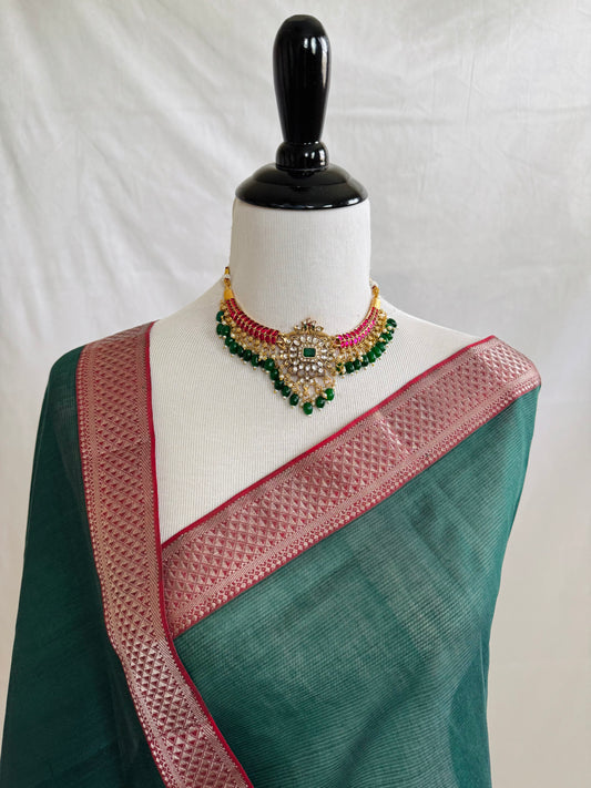 Handwoven Mangalgiri Cotton Saree | Shade of Forest Green | Gold Zari | Handwoven | Ships from California