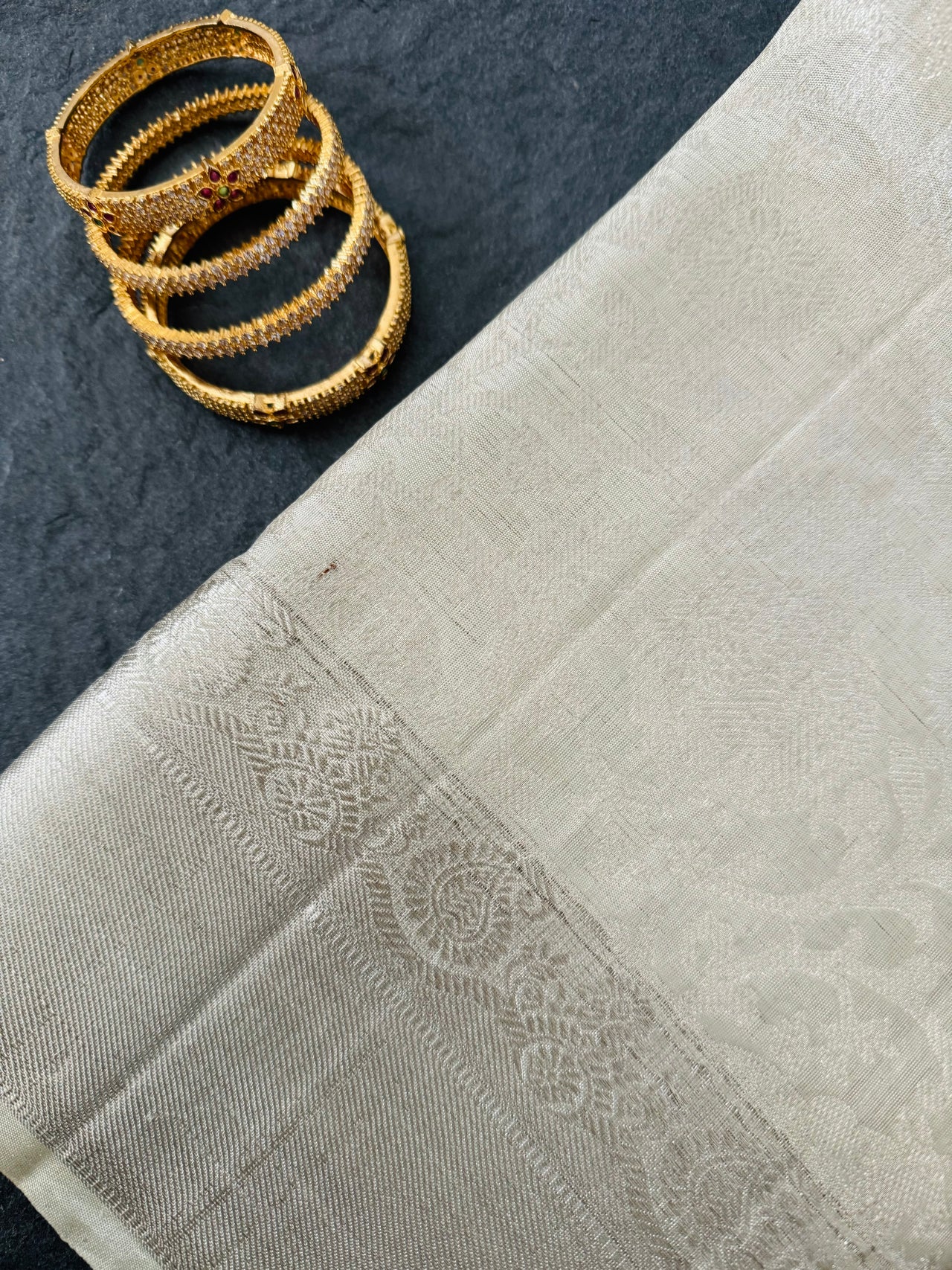 ShopNaya Exclusive | Metallic Kanchipuram Pure Silk Saree | Off-White | Pure Silver Zari | Handwoven | Ships from California