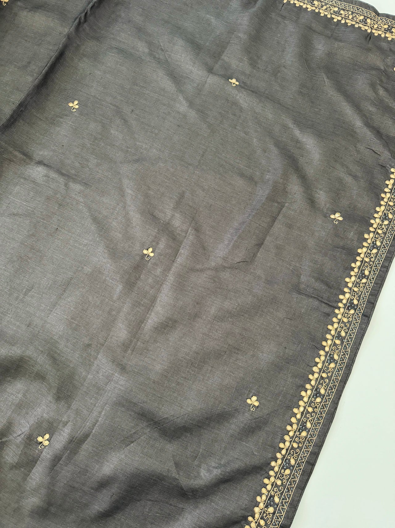 Lightweight Gotta Patti Embroidery Pure Tussar Silk Saree | Dark Gray | Hand Embroidery | Ships from California