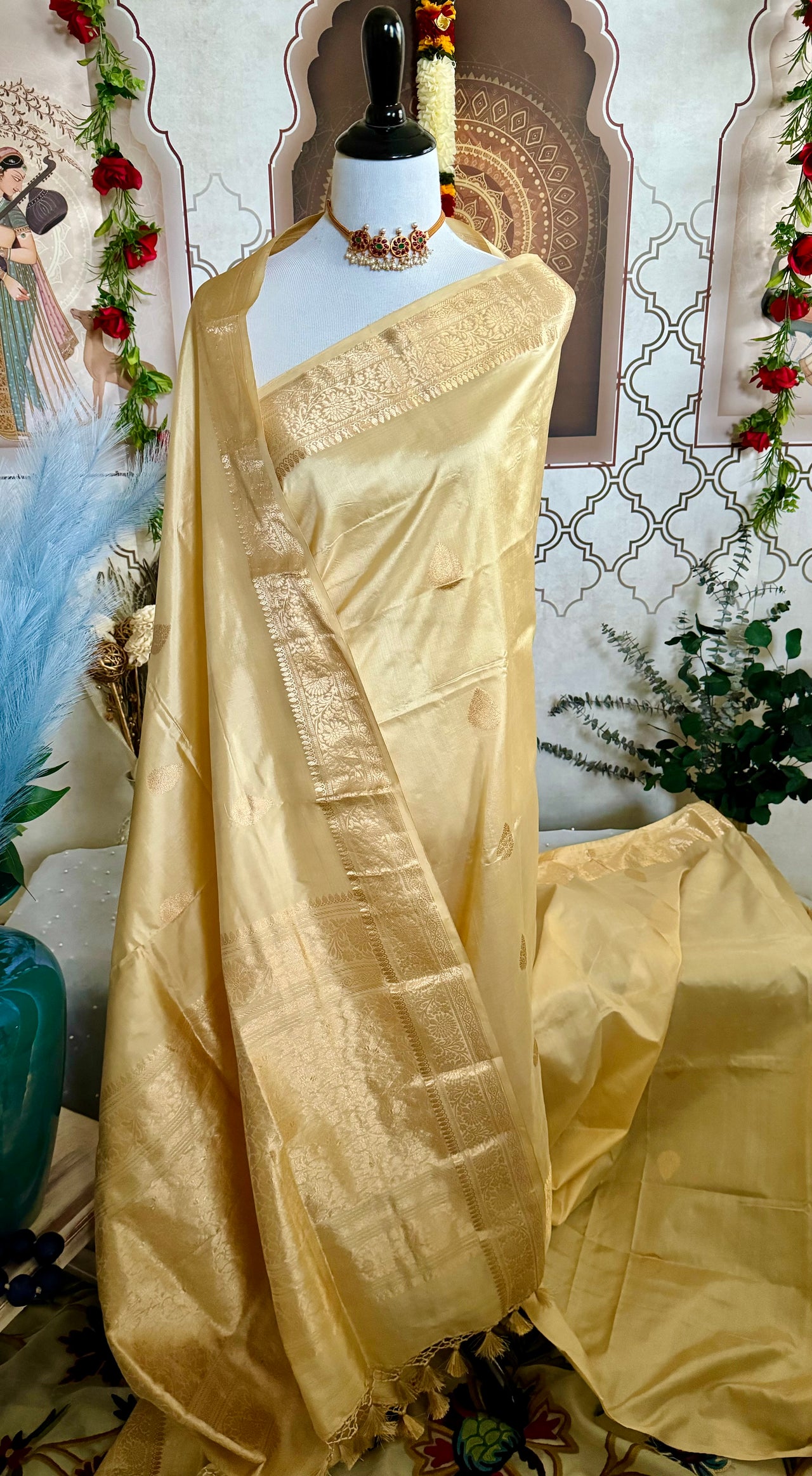 Light weight Katan Silk Saree from Banaras | Light Beige | Gold Zari | Handwoven | Silk Mark Certified | Ships from California